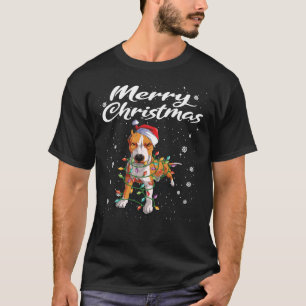 T-shirt Pit Bull Chien Santa Hat Arbre de Noël Lumières