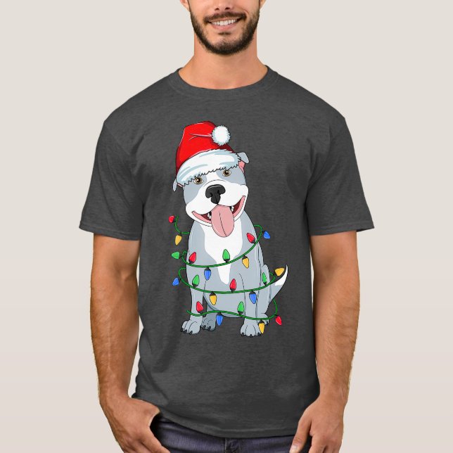 T-shirt Pitbull Arbre de Noël Lumière Père Noël Chien Noël (Devant)