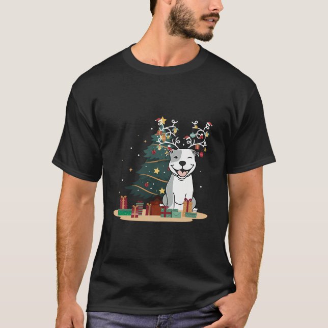 T-shirt Pitbull Chien Arbre de Noël Chandail de Noël Noël  (Devant)