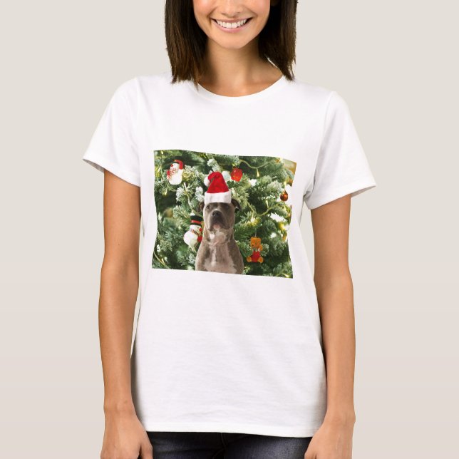 T-shirt Pitbull Chien Arbre de Noël Ornements Snowman (Devant)