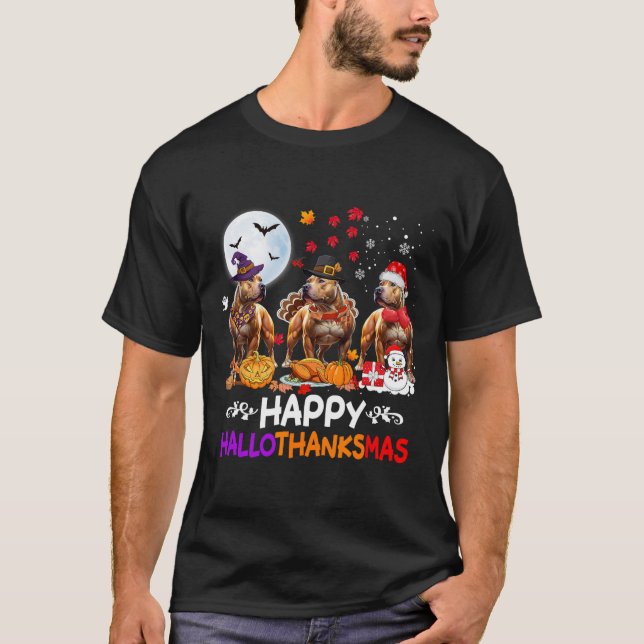 T-shirt Pitbull Chien Noël Hallothankmas Joyeux Thanksgi (Devant)