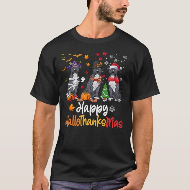 T-shirt Pitbull Dog Halloween Christmas Happy Hallothanksm (Devant)