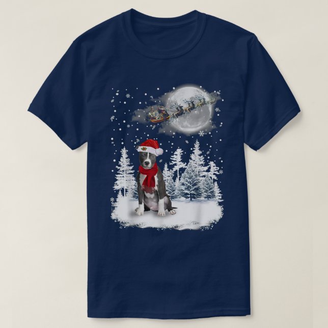 T-shirt Pitbull sur neige Noël Lune Éclairage Santa Chapea (Design devant)