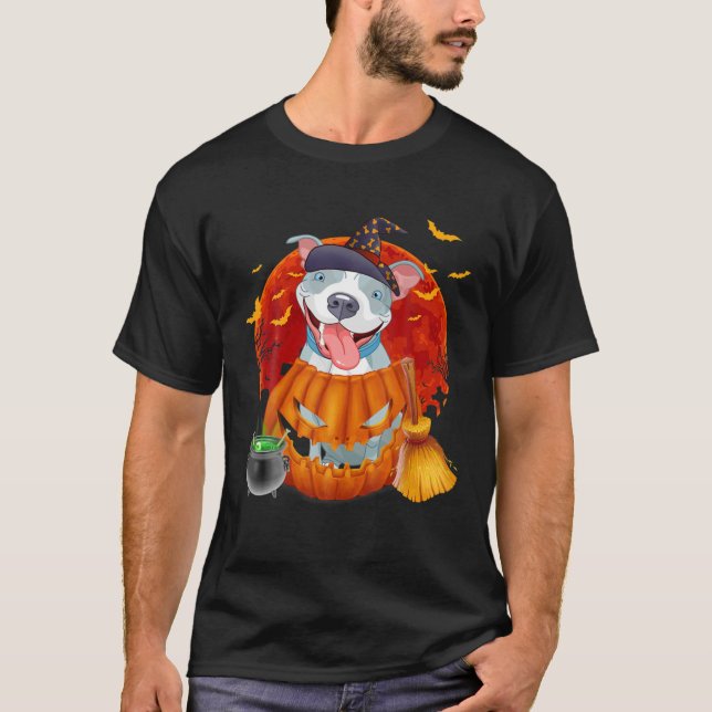 T-shirt Pitbull Witch Citrouille Halloween (Devant)