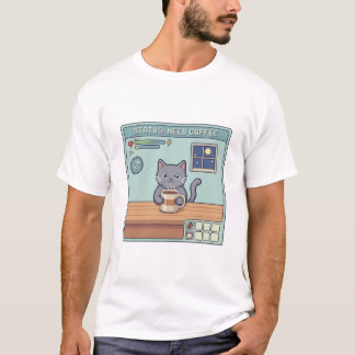 T-shirt Pixel Cat Need Coffee – Retro RPG Game Status