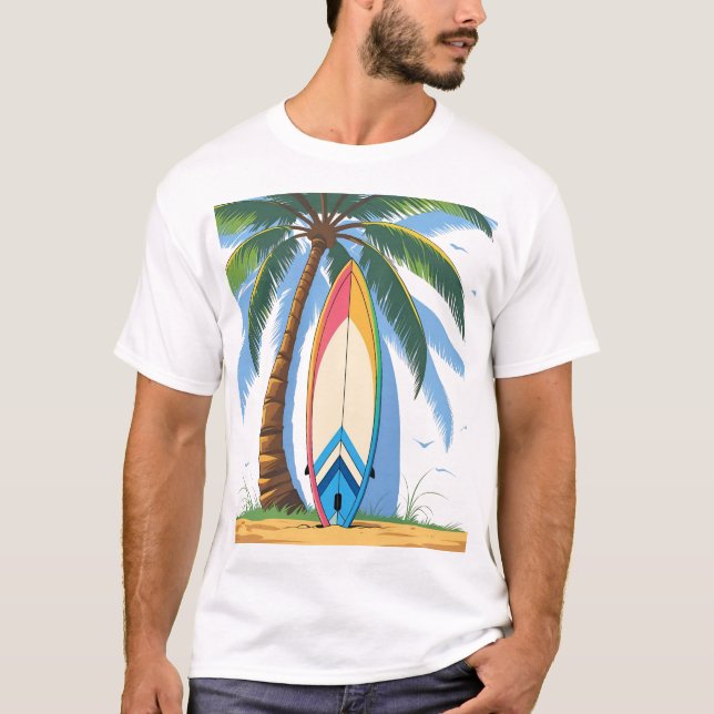 T-shirt Planche de surf posée sur un palmier en été (Devant)