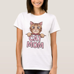 T-shirt Playful Cat Peeking Design - "CAT MOM" Cute and Fu