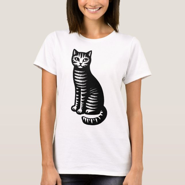 T-shirt Playful Cat Woodcut Style (Devant)