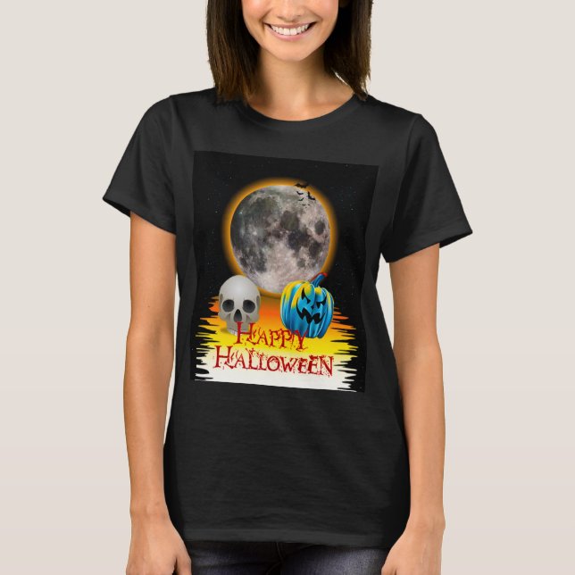 T-shirt Pleine lune, crâne et Citrouille bleu la nuit. (Devant)