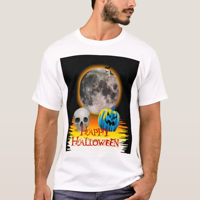 T-shirt Pleine lune, crâne et Citrouille bleu la nuit. (Devant)