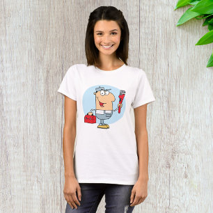 T-shirt Plombier de dessin animé tenant une clé à tuyau et
