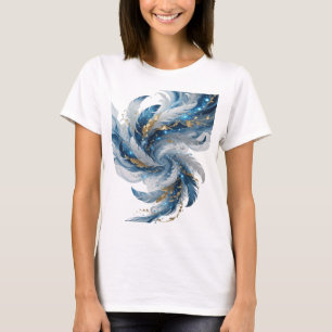 T-SHIRT PLUMES BLEUES ET BLANCHES ARGENTÉES AVEC FEUILLES
