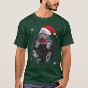 T-shirt Pocket de chat plié écossais avec chapeau de Noël