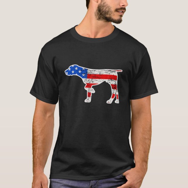 T-shirt Pointer Dog, 4 Juillet, Retro USA American Flag (Devant)