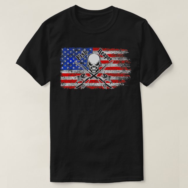T-shirt Poisson cool Craignez-moi Crâne Américain Drapeau  (Design devant)