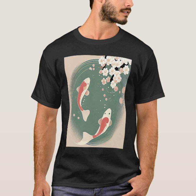 T-shirt Poisson koi nageant dans un étang à fleur de ceris (Devant)