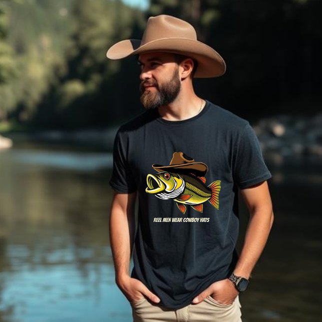 T-shirt Poissons amusants portant un Casquette cowboy - T- (Bass Fish Funny T shirt Reel Men Wear Cowboy Hats Fathers day Birthday gift for him)