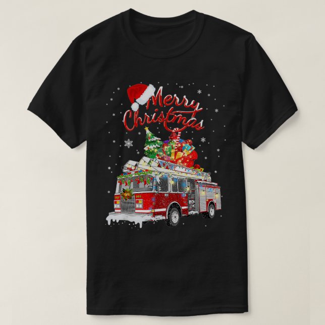 T-shirt Pompier Arbre de Noël Camion Pompier Feu Feu Feu F (Design devant)