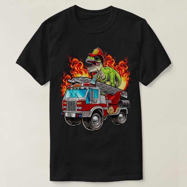 T-shirt Pompier T Rex Dinosaur Casquette et Firetru (Design devant)