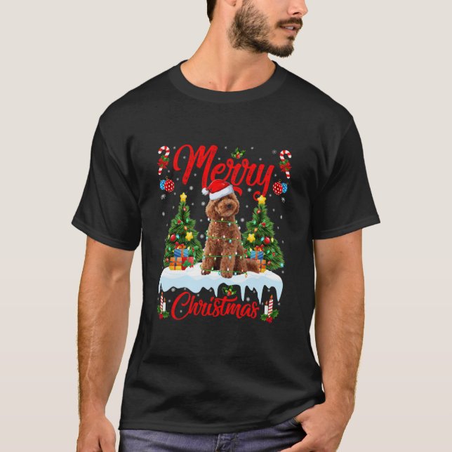 T-shirt Poodle Amoureux des chiens Xmas Éclairage Père Noë (Devant)