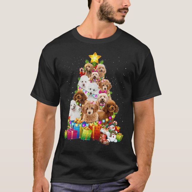 T-shirt Poodle Arbre de Noël Drôle Poodle Noël Lumière (Devant)