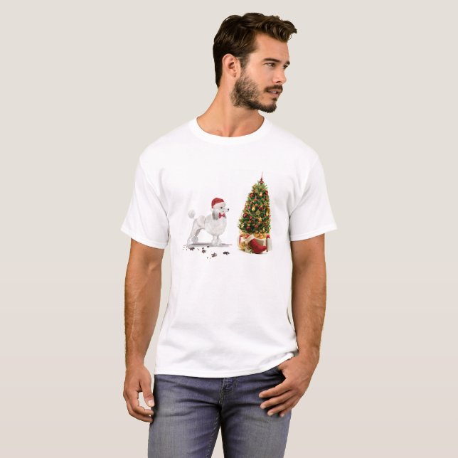 T-shirt Poodle blanc Funny Chien de Noël avec arbre (Devant entier)