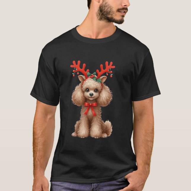 T-shirt Poodle Reindeer Santa Chapeau Noël Lumières Noël X (Devant)