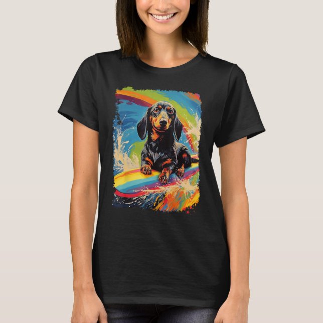 T-shirt Pop Art Chien Dachshund Planche à pédales Surf (Devant)