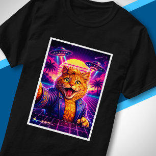 T-shirt Portrait de chat synthwave UFO Futuriste Rétro 80s