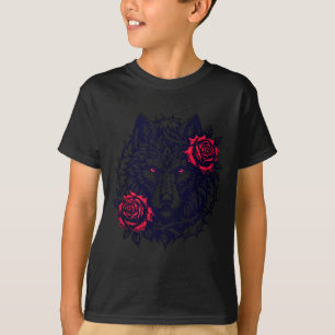 T-shirt Portrait de loup encadré par des roses épineuses