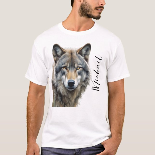T-shirt Portrait de loup Votre nom écriture personnalisée (Devant)