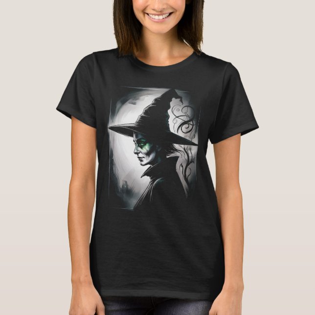 T-shirt Portrait de sorcière Dark Fantasy Yeux verts argen (Devant)