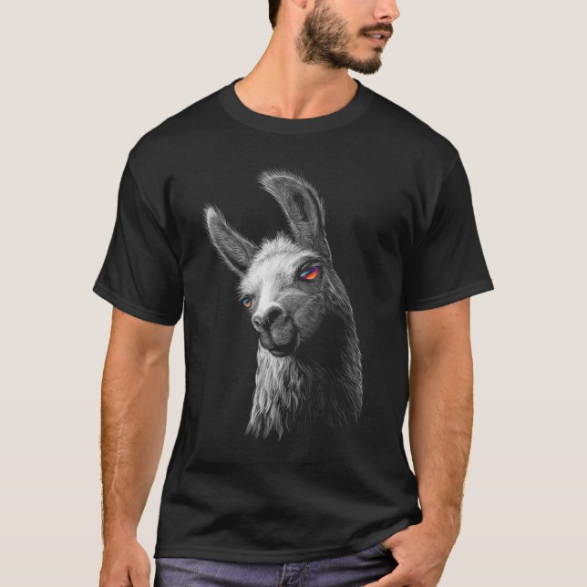 T-shirt Portrait Tête Cute Llama avec Arrière - plan noir (Devant)