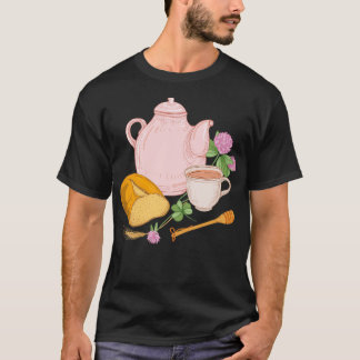 T-shirt Pot de Thé de Miel Coupe de Pain et Fleurs