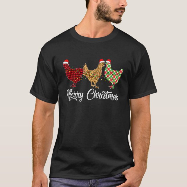 T-shirt Poulet Joyeux Noël Rouge Vert Plaid Leopard Pa (Devant)