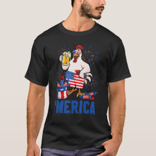 T-shirt Poulet Merica Avec Verre à Bière Usa Fête De L'ind