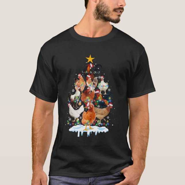 T-shirt Poulets de Noël Lumières Arbre Drôle Amoureux de p (Devant)