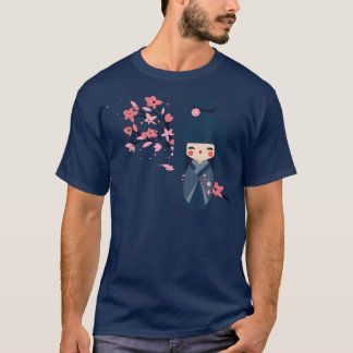 T-shirt Poupée Usaburo Kokeshi et sakura cerise Bl japonai