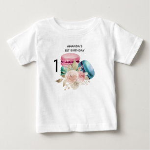 T-shirt Pour Bébé 1er anniversaire avec Macarons et Fleurs Aquarelle