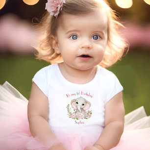 T-shirt Pour Bébé 1er Anniversaire Fille Eléphant Rose Nom personnal