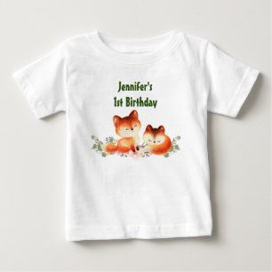 T-shirt Pour Bébé 2 mignons petits renards rouges Aquarelle 1er anni