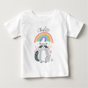 T-shirt Pour Bébé Ajouter un nom à Racoon et arc-en-ciel Anniversair