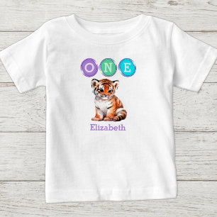 T-shirt Pour Bébé Anniversaire 1 an de Tigre avec nom violet