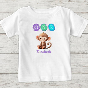 T-shirt Pour Bébé Anniversaire 1ère année singe avec nom violet