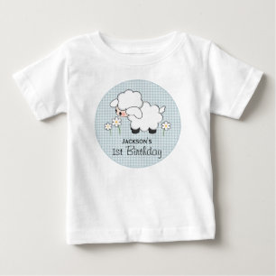 T-shirt Pour Bébé Anniversaire de l'agneau En vichy bleu personnalis