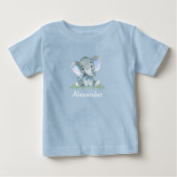 Aquarelle bleu bébé éléphant sur la verdure bleu