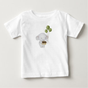 T-shirt Pour Bébé Aquarelle Cute Chef Elephant avec gâteau et ballon