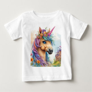 T-shirt Pour Bébé Aquarelle Dreamy Unicorn avec Château et Fleurs