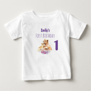 T-shirt Pour Bébé Aquarelle mignonne Mère Lion & Cub Premier anniver