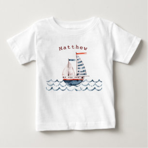 T-shirt Pour Bébé Aquarelle Nautique Rouge et Bleu Monogramme de voi
